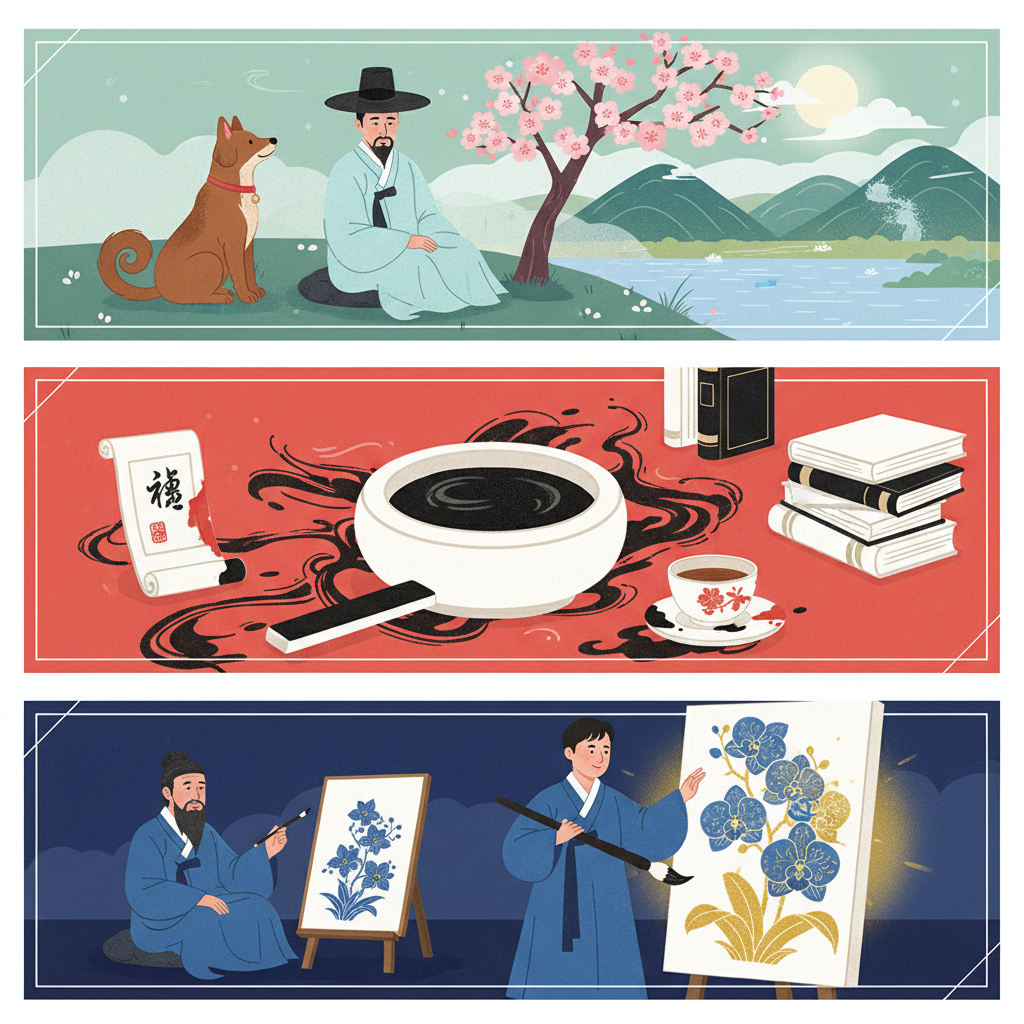 A visually distinct infographic illustration showing three different concepts. One section represents "Dang-gu-pung-wol" with a dog near a scholar admiring nature, another for "Geun-ju-ja-jeok" with red and black ink influencing objects, and the third for "Cheong-chul-eo-ram" with a student surpassing a teacher in an artistic context. Each section is clear and distinct, highlighting the core idea. Style: clean infographic illustration. No text.