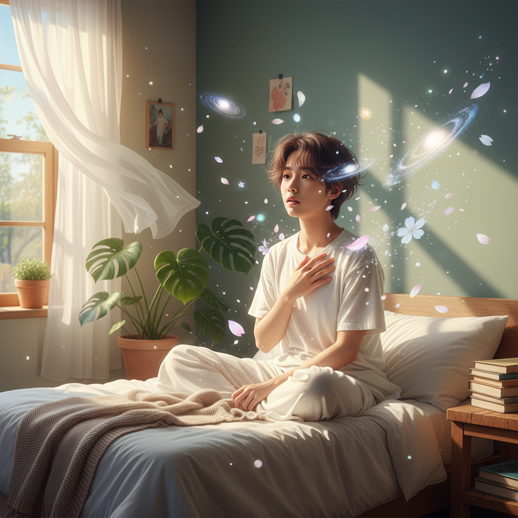 A Korean person, looking reflective and slightly surprised, waking up from a nap in a cozy room. Dreamlike, transient elements float around them, suggesting a vivid but fleeting experience. Natural lighting. Lifestyle photography. No text.