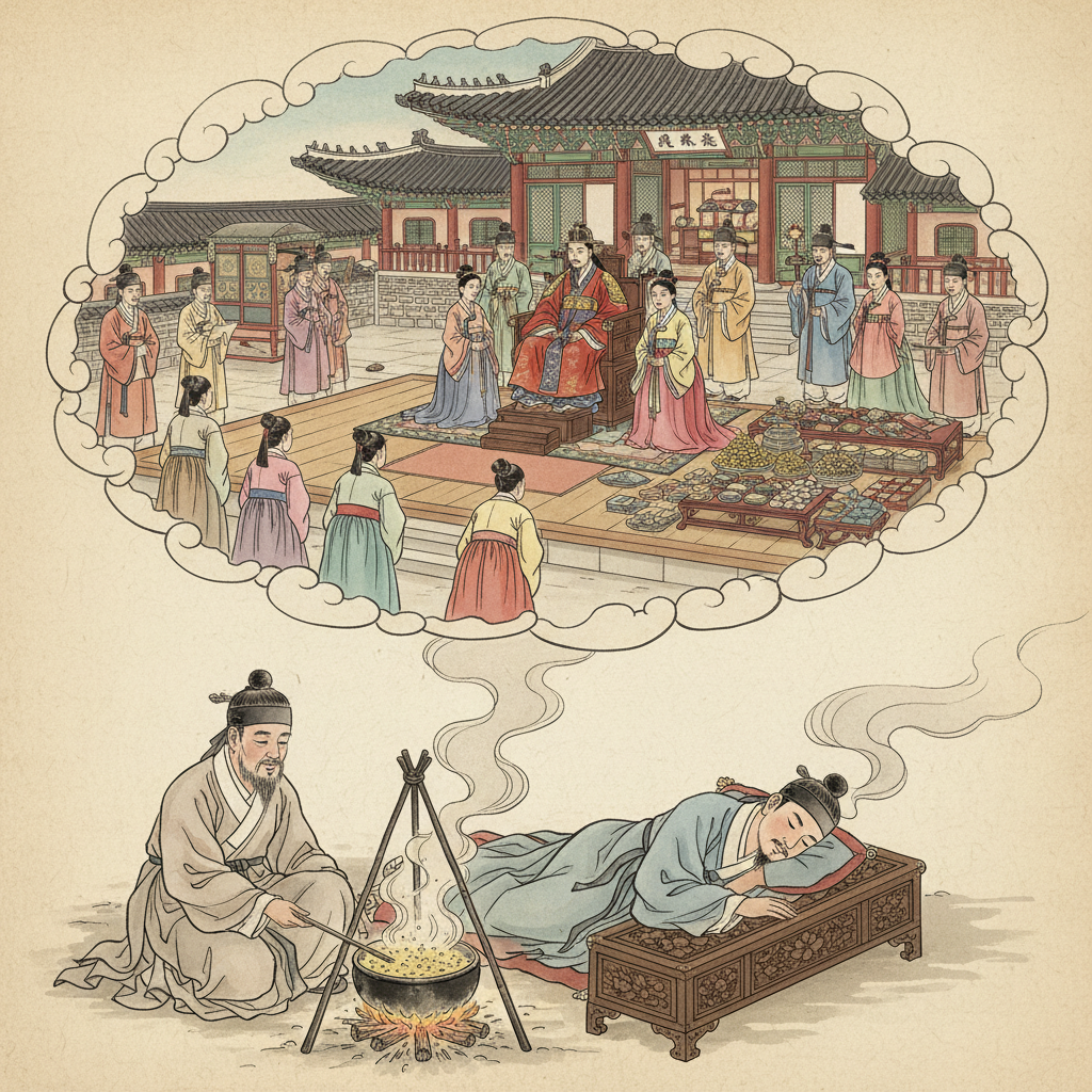 A detailed historical illustration of a Korean man, Lu Sheng, sleeping on an antique pillow while simultaneously experiencing a dream sequence of a lavish palace life, surrounded by wealth, power, and family. In the foreground, an old man (Yeo-ong) is cooking yellow millet in a pot. Traditional Korean illustration style. No text.