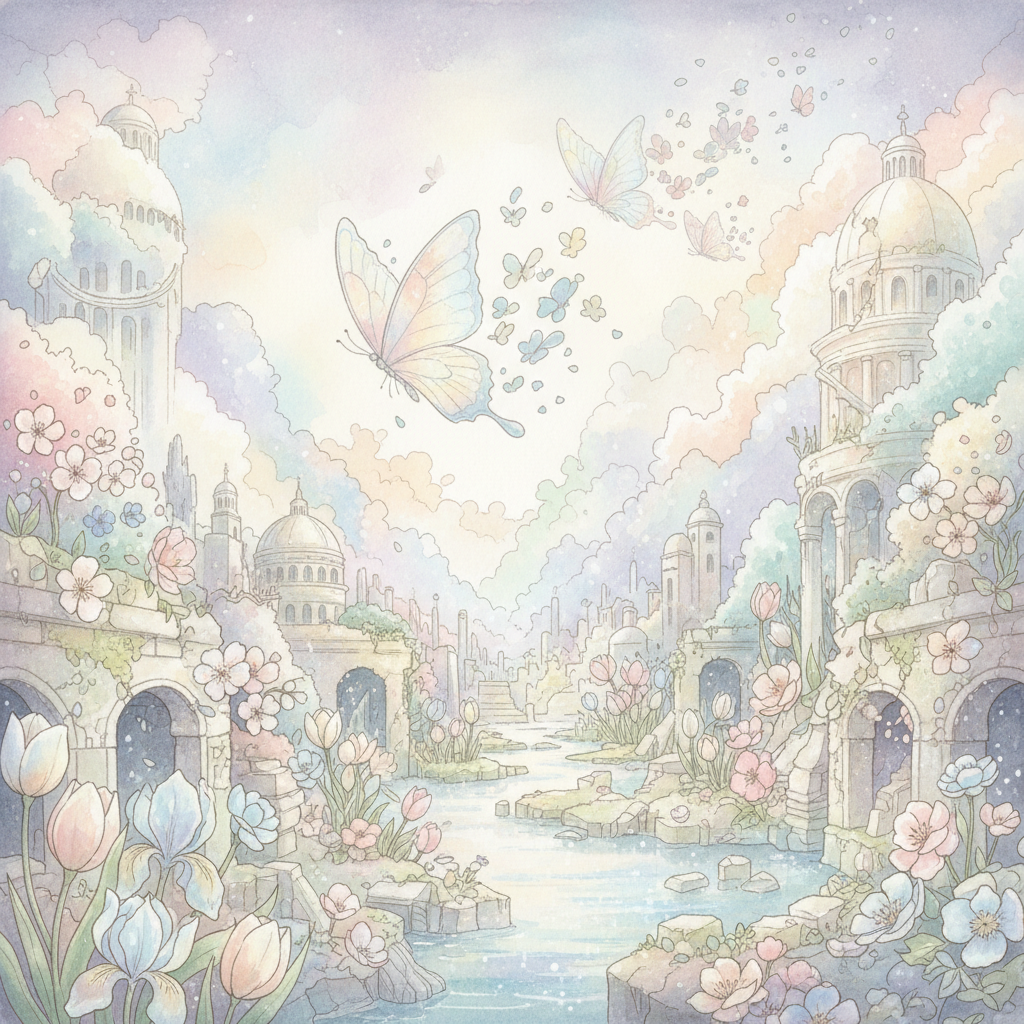 A whimsical illustration showing various ephemeral, dreamlike elements blending into reality, such as softly fading butterflies, blooming spring flowers, and ancient cityscapes. The colors are muted and ethereal, evoking a sense of transient beauty. Illustration style. No text.