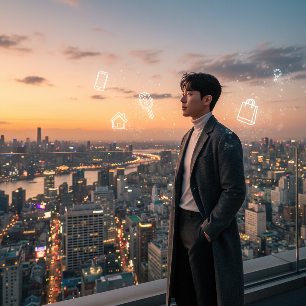 A modern Korean person stands contemplatively on a skyscraper rooftop, looking at a bustling city skyline during sunset. Subtle, faint outlines of digital icons or material possessions are subtly fading in the background, representing transient dreams. Lifestyle photography. No text.