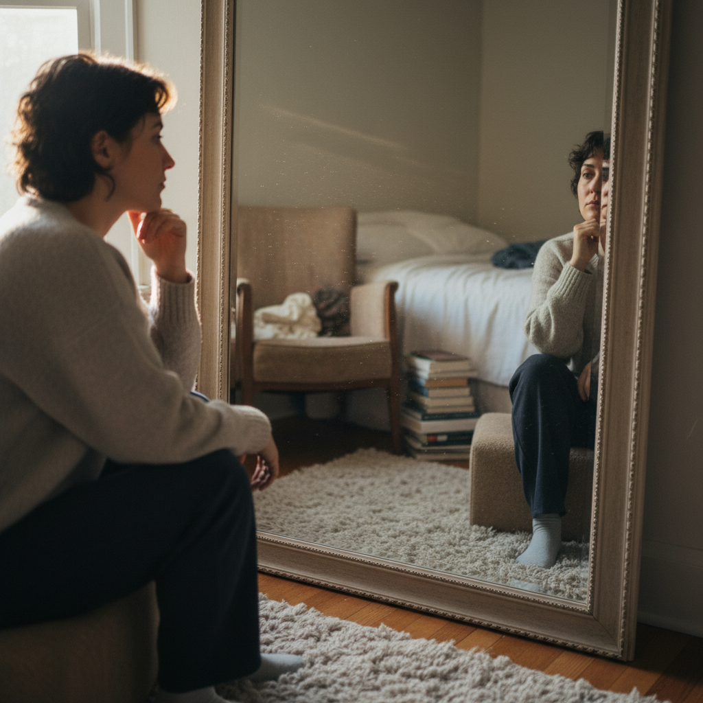 Person looking at themselves in mirror with thoughtful expression, soft natural lighting, introspective atmosphere, realistic lifestyle photography, no text