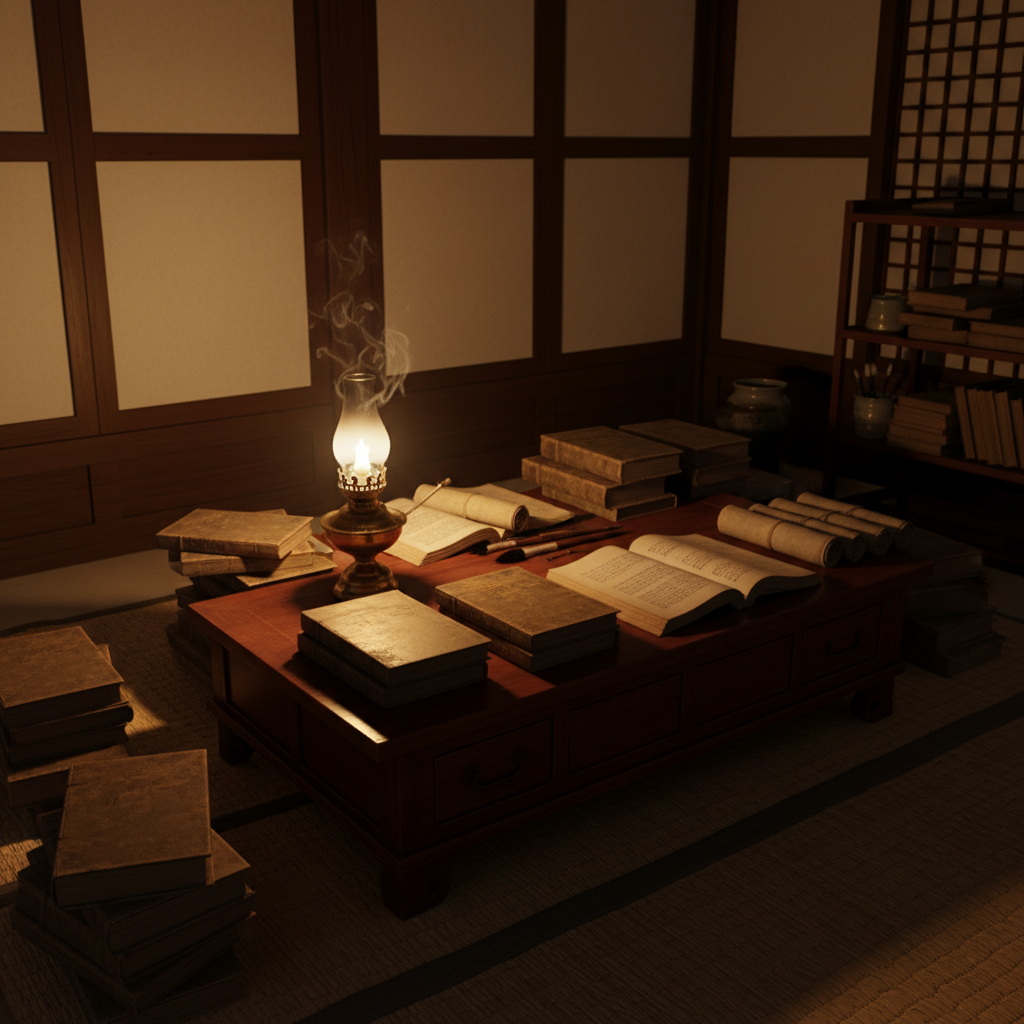 Traditional Korean study room with oil lamp and old books, warm candlelight atmosphere, historical setting, detailed textures, no text