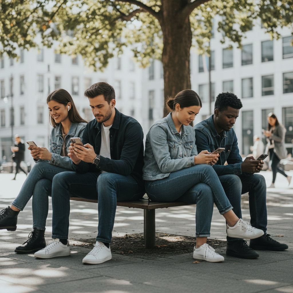Modern people looking at smartphones while sitting together, contrast between digital connection and real-world proximity, contemporary lifestyle photography, natural lighting, no text