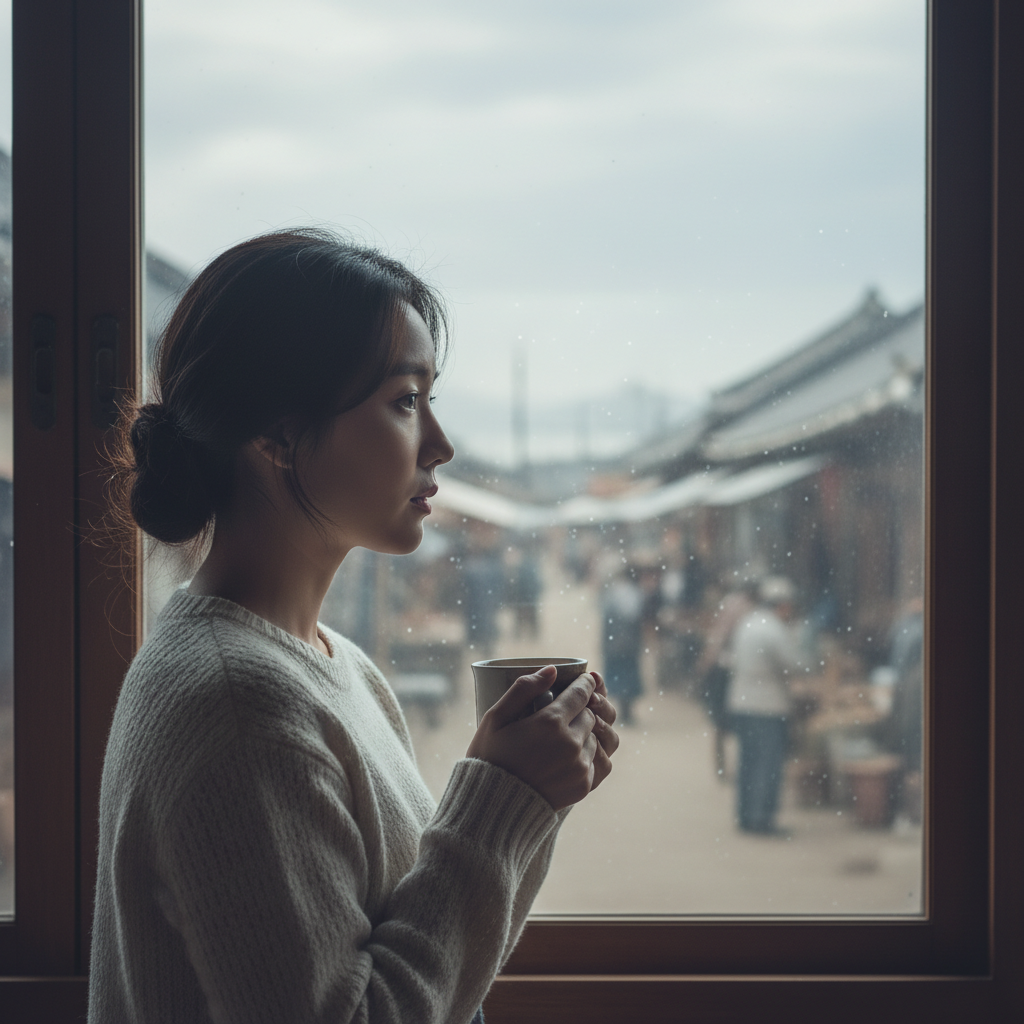 A Korean woman looking thoughtfully out a window, a faint, blurred memory in the background. She has a serene, pensive expression, suggesting reflection on the past. The scene is calm and a bit melancholic but not overtly sad. Style: lifestyle photography. No text.