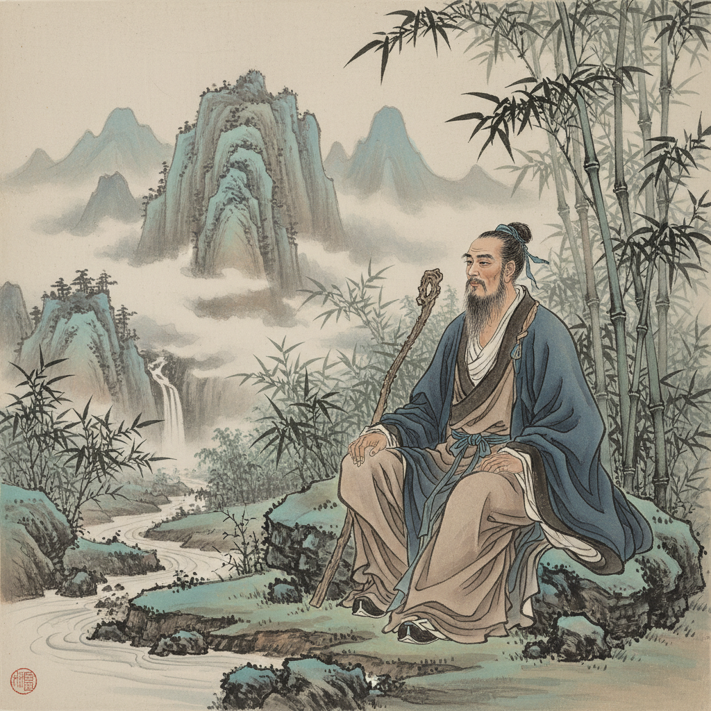 An illustration of an ancient East Asian scholar or sage sitting calmly in a tranquil mountain setting, surrounded by bamboo. He is looking into the distance with a thoughtful, philosophical expression, reflecting on the transient nature of life and relationships. Style: traditional East Asian illustration. No text.