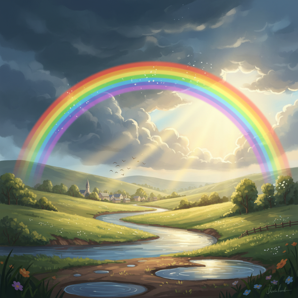 A vibrant and hopeful illustration of a rainbow appearing over a landscape that has just experienced heavy rain and storms. The sun is breaking through the clouds, symbolizing transformation and new opportunities after difficulty. Style: hopeful and inspiring illustration. No text.