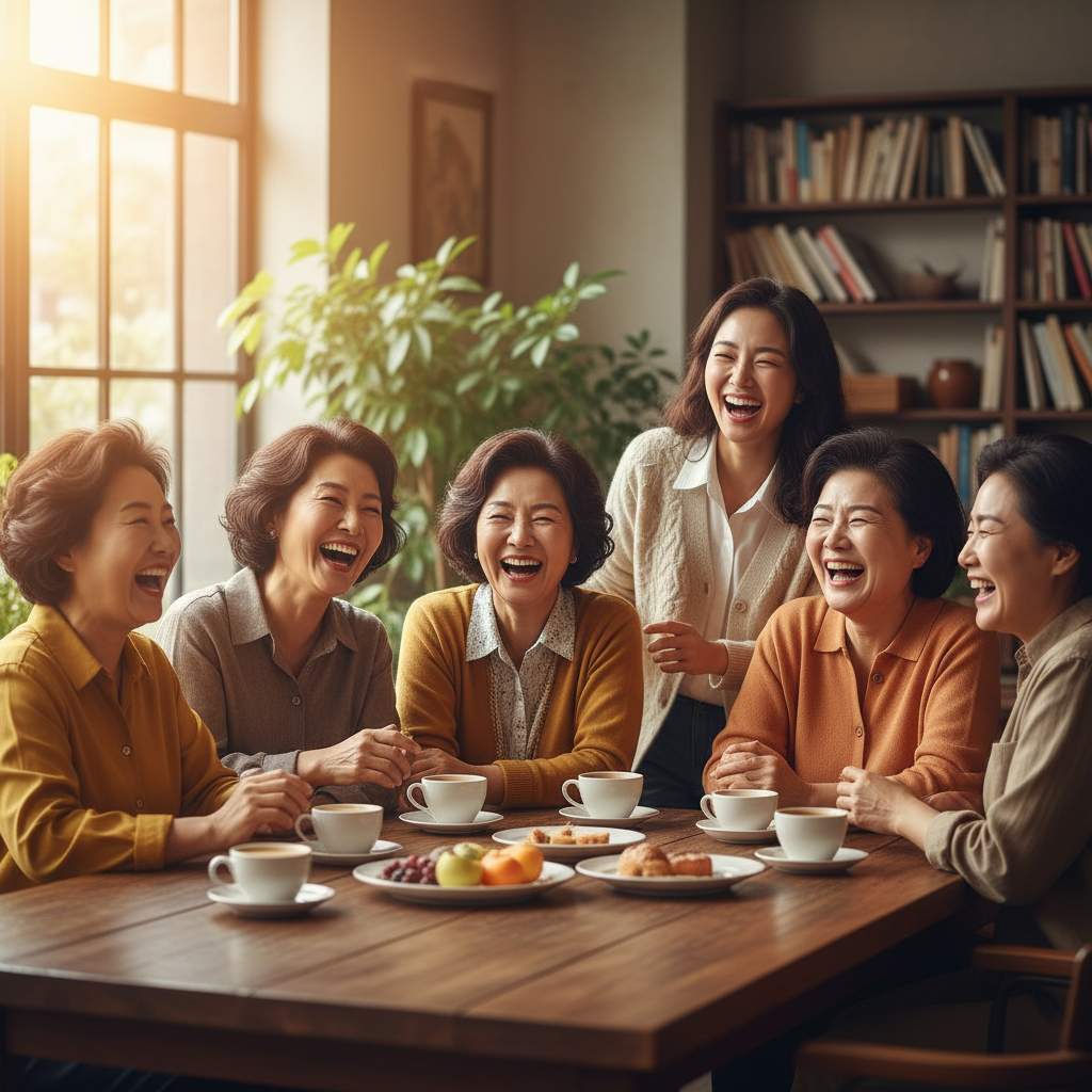 A group of diverse Korean friends or family members are gathered, laughing and genuinely enjoying each other's company in a warm, inviting setting like a cafe or home. They are fully engaged in the moment, with bright smiles and relaxed postures. Style: warm and inviting lifestyle photography. No text.