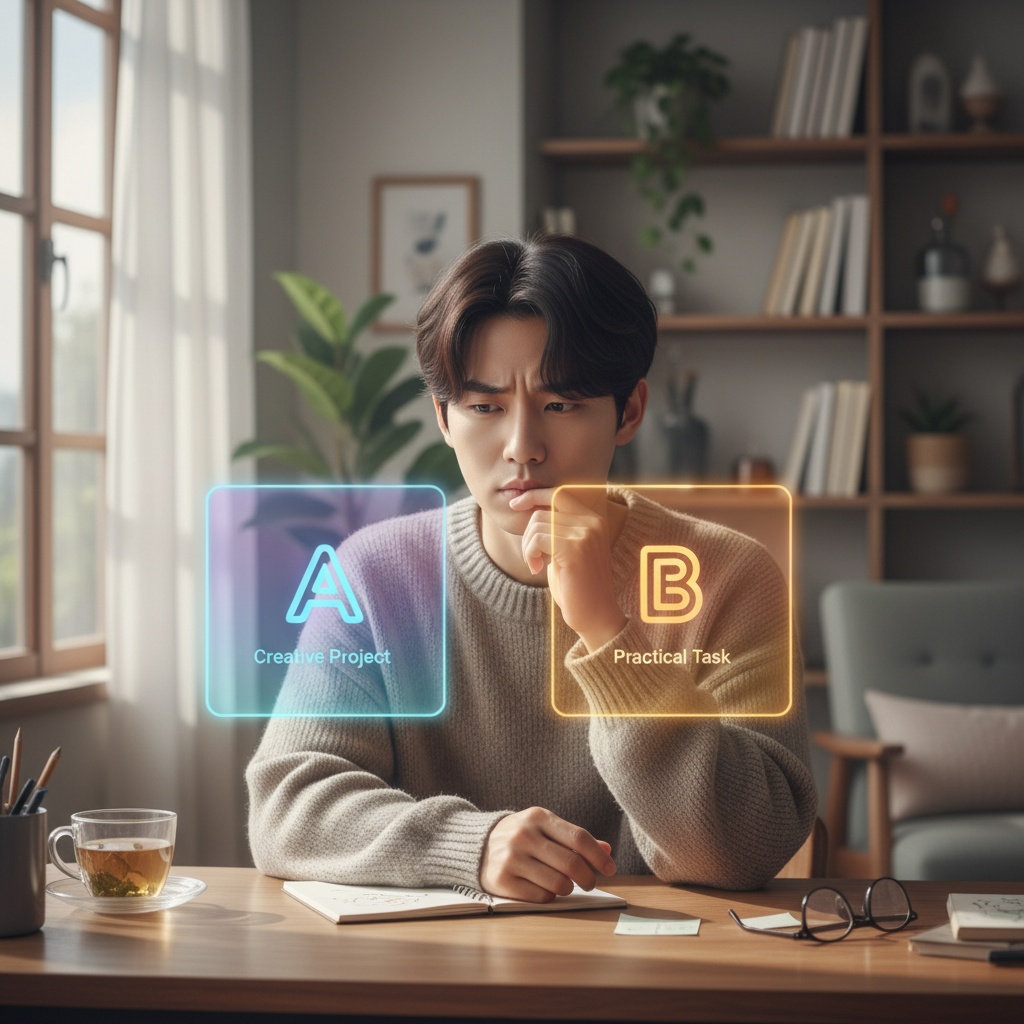 A Korean person sitting at a desk hesitating over two options, soft lighting, thoughtful atmosphere, lifestyle photography, no text.
