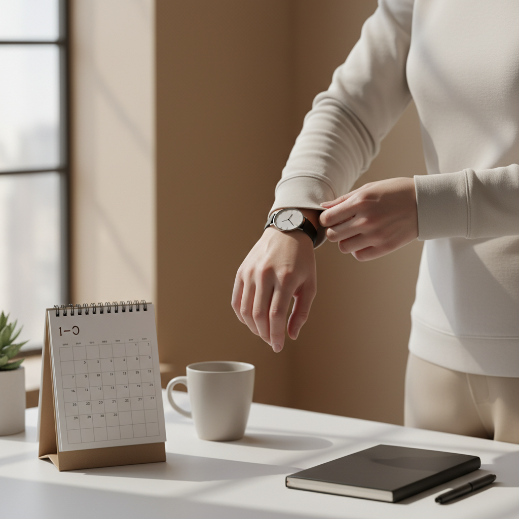 Minimalist lifestyle photo with a person checking wristwatch and calendar on a desk, natural lighting, no text.