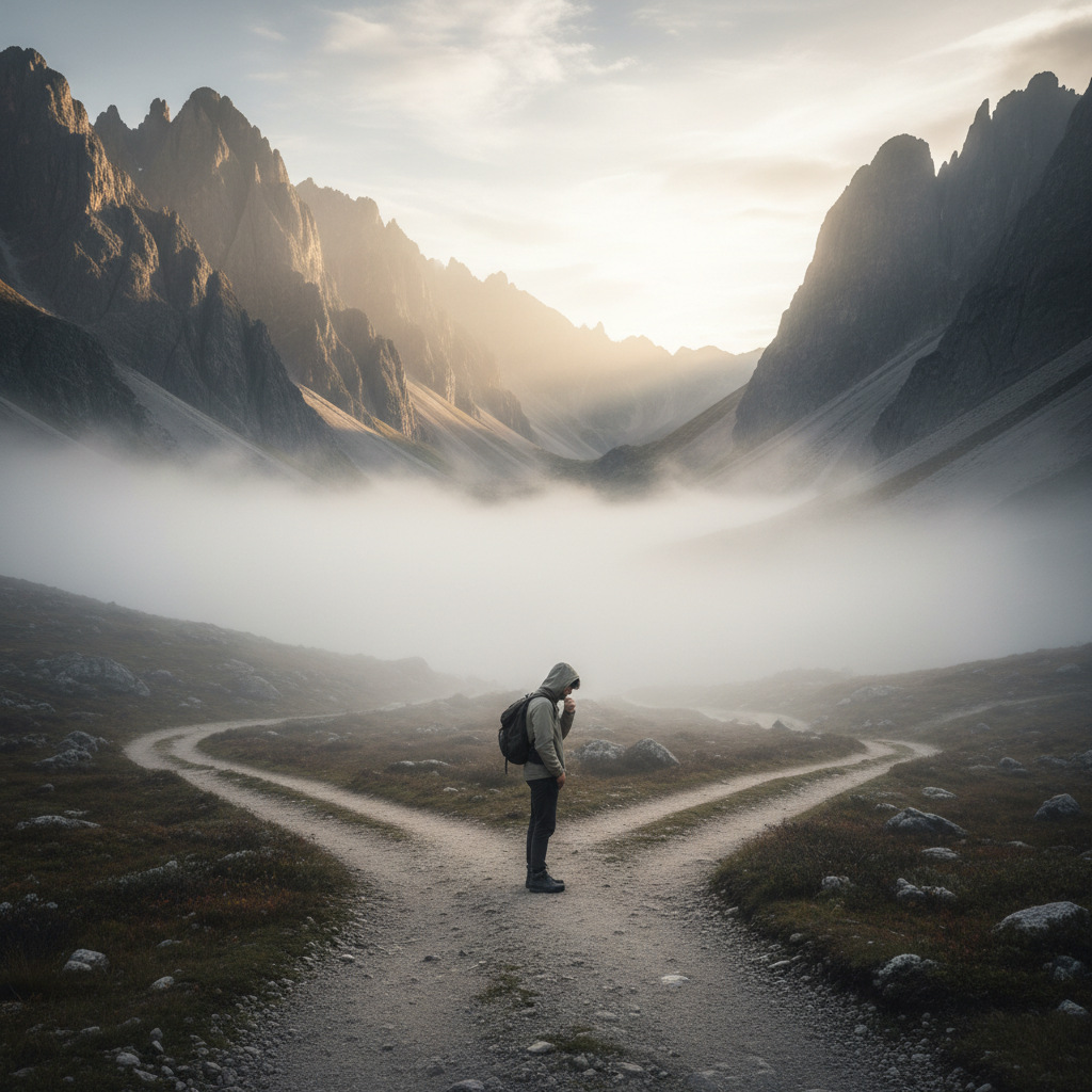 A person standing at a crossroads in a misty valley, surrounded by steep mountains on both sides, looking contemplative and uncertain about which path to take. Dramatic lighting with soft shadows, realistic photography style, no text.