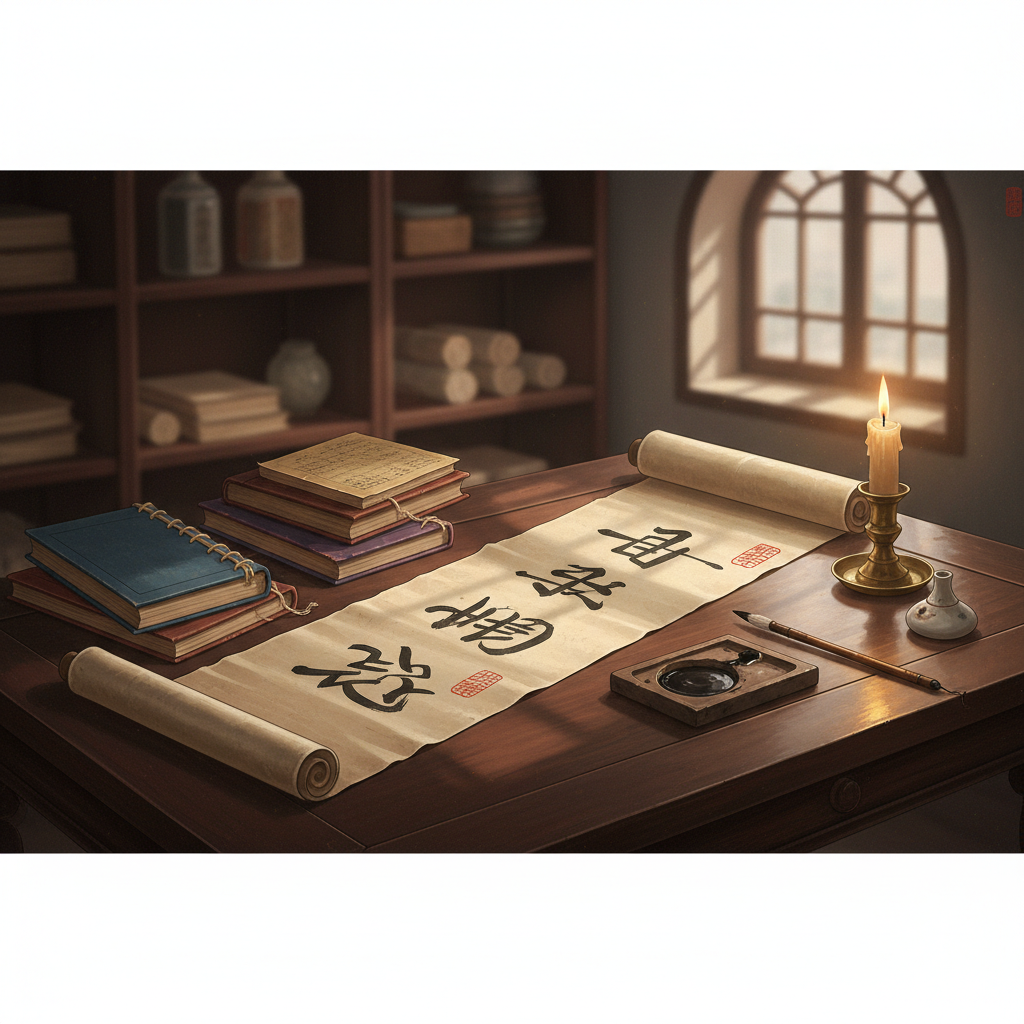 Ancient Chinese scroll and books with classical calligraphy, traditional ink brush and inkstone on wooden desk, warm candlelight atmosphere, historical academic setting, no text visible.