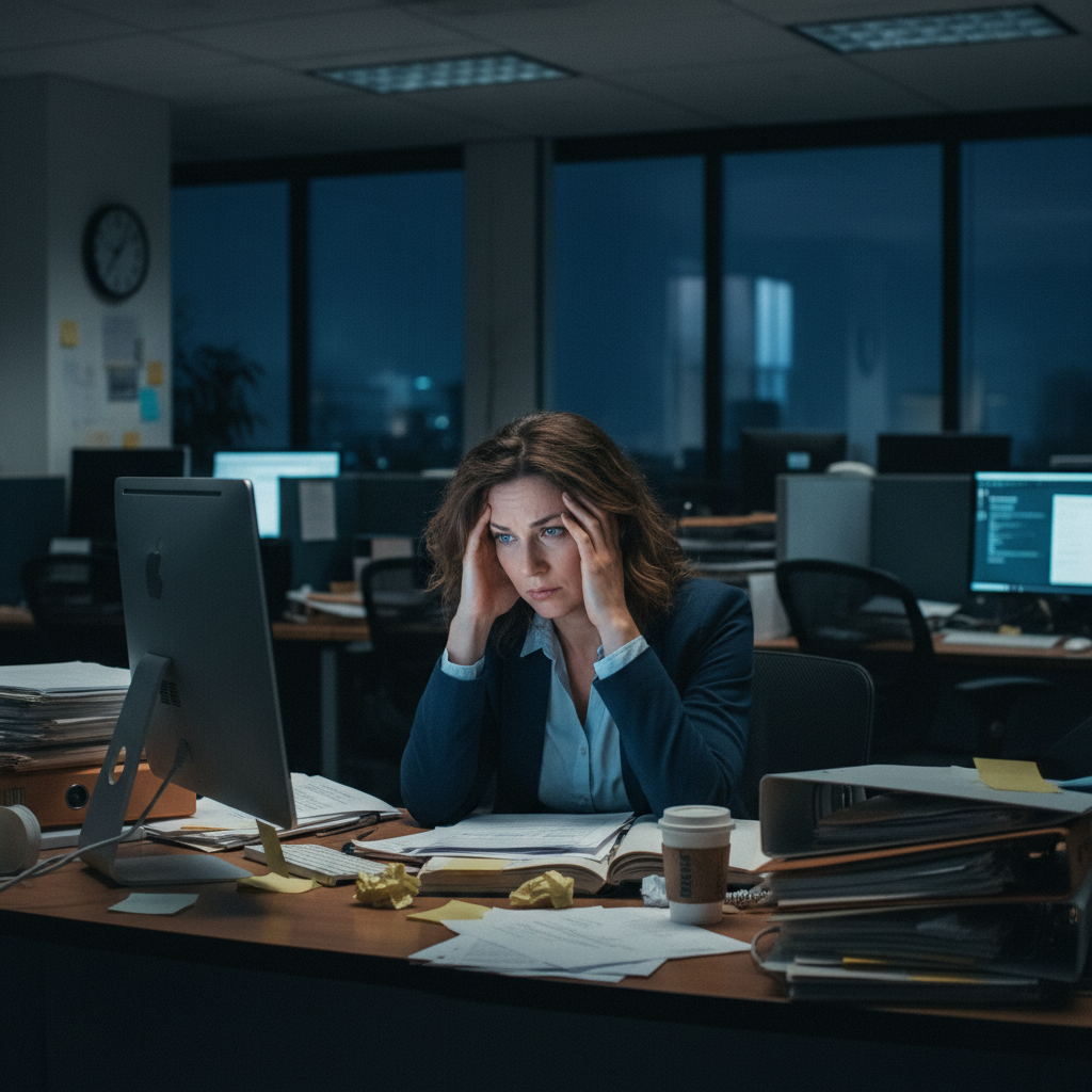 Office worker sitting at desk looking thoughtful and stressed, papers scattered around, computer screen glowing, late evening office atmosphere, realistic photography style, no text.