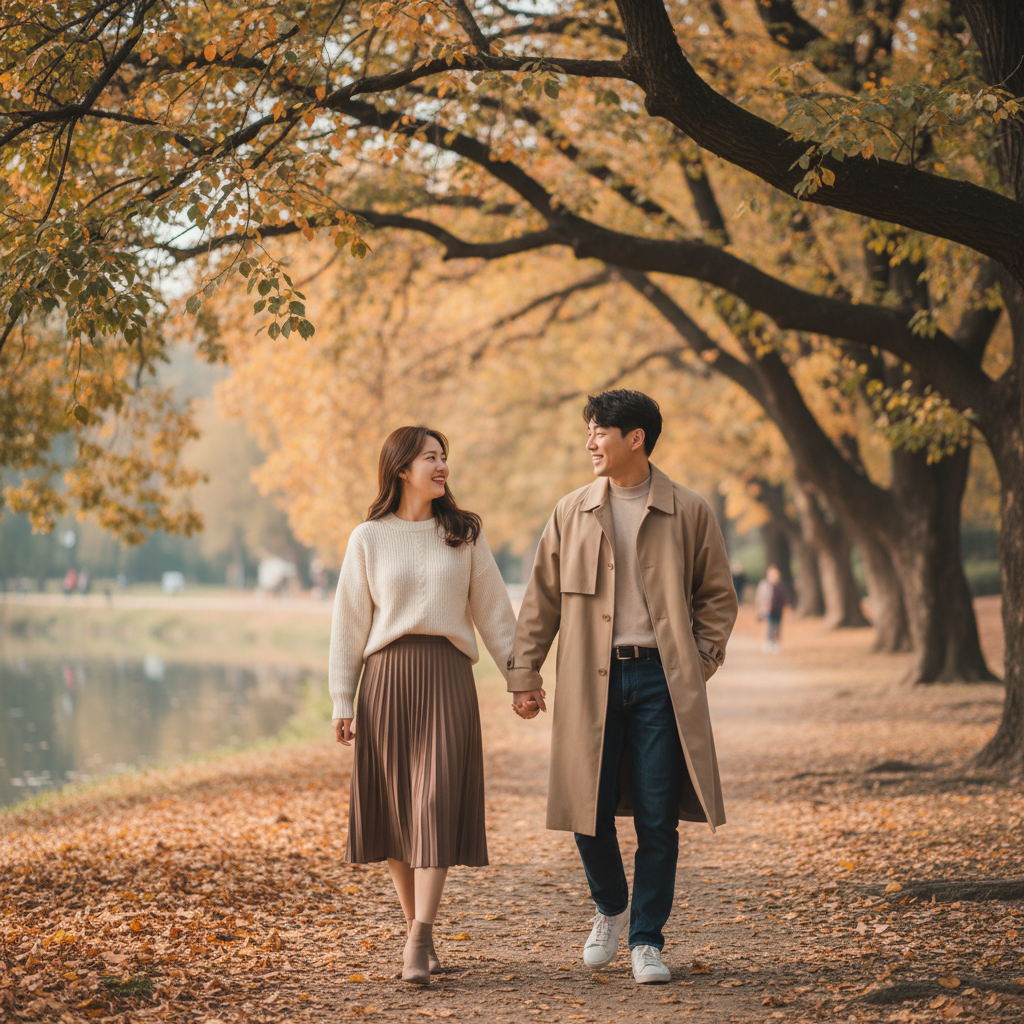 A modern Korean couple, smiling and holding hands, walking together in a park during autumn. They look harmonious and supportive of each other. Lifestyle photography, natural lighting, soft colors, no text.