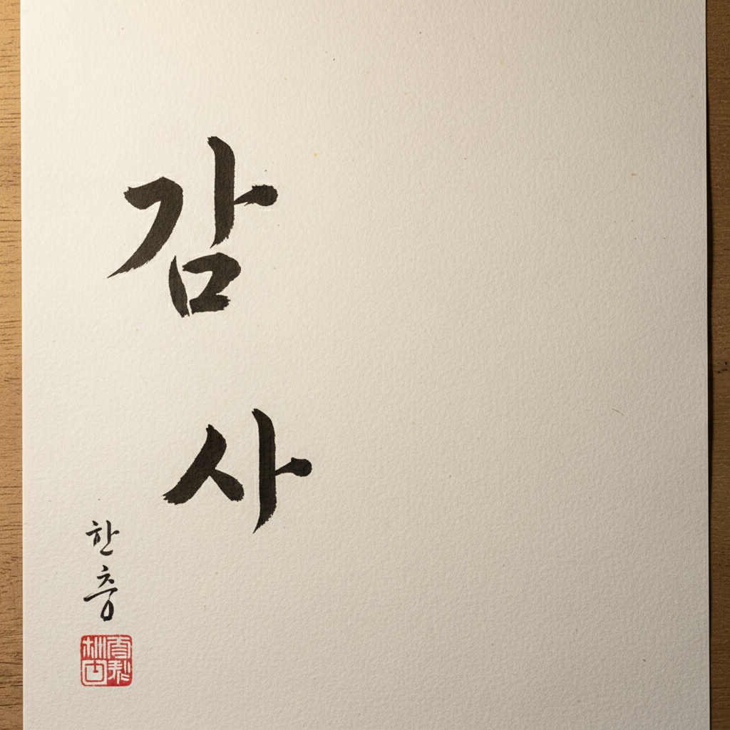 Traditional Korean calligraphy showing gratitude characters, elegant brush strokes on white paper, warm lighting, peaceful atmosphere, no text visible in image, artistic composition