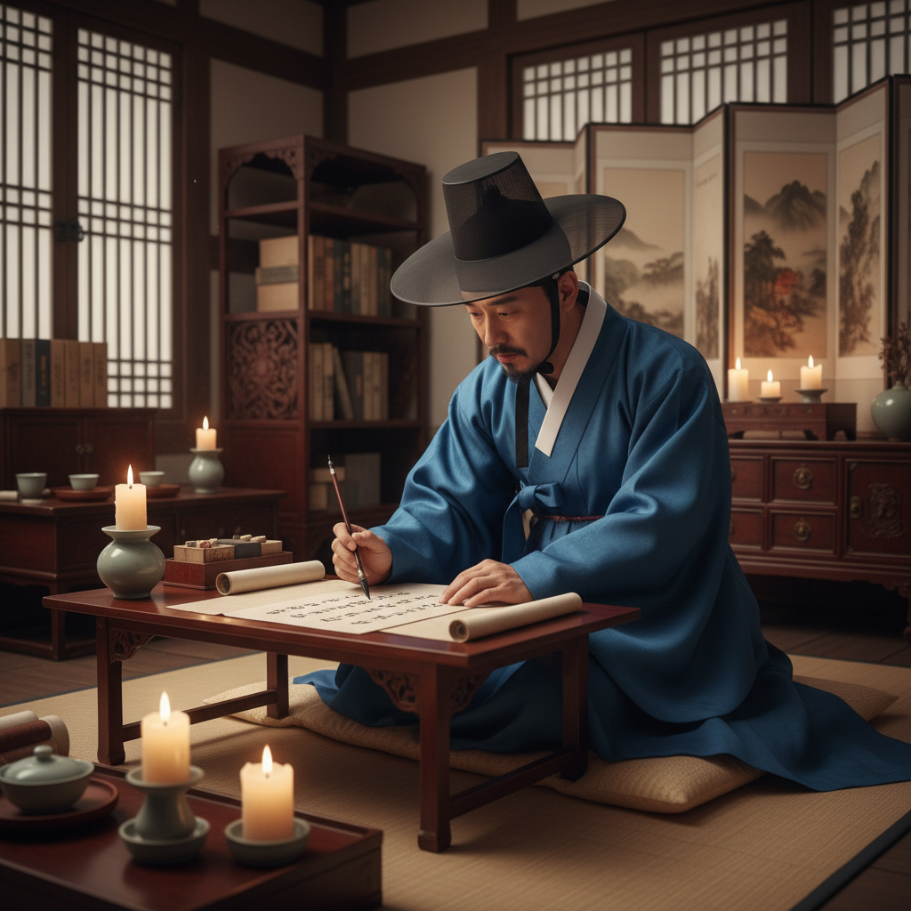 Traditional Korean scholar writing a letter with brush pen in hanok study room, historical atmosphere, soft candlelight, traditional furniture, focused expression, no text in image