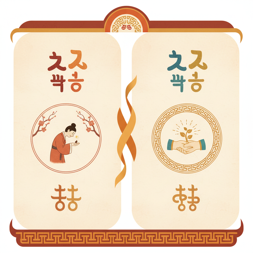 Clean infographic comparing similar Korean four-character idioms about gratitude, organized layout with traditional elements, warm color scheme, educational design, no text visible