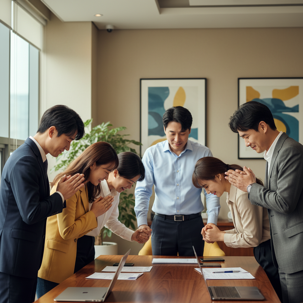 Warm scene of people expressing sincere gratitude to each other, Korean office or meeting setting, genuine emotions, natural lighting, professional yet heartwarming atmosphere, no text