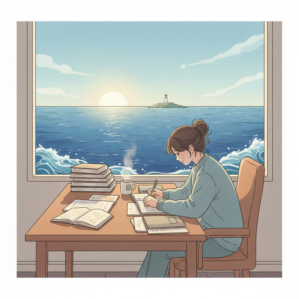 lifestyle illustration showing a person studying with books and window ocean view symbolizing Mangyangjitan realization, morning light, calm mood, no text