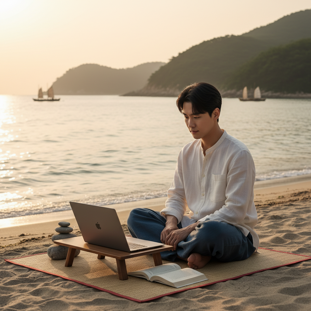modern Korean person using a laptop by the seaside, symbolizing humility and learning, natural daylight, realistic style, no text
