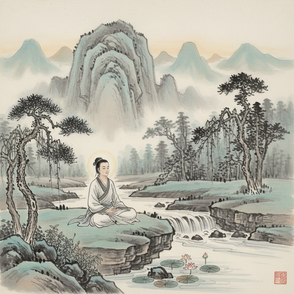 An illustration in a traditional East Asian ink wash painting style, depicting a person meditating calmly in a serene natural setting, symbolizing patience and self-control. Soft lighting, peaceful atmosphere, no text.