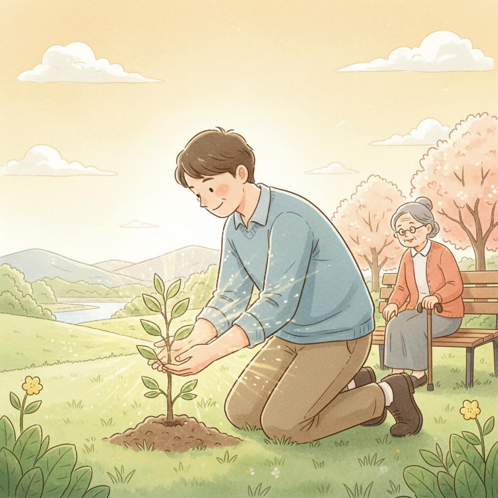 A serene illustration showing a person performing a quiet act of kindness, like planting a tree or helping an elderly person, with a gentle, warm light subtly emanating from them, symbolizing future blessings. Style: illustration. No text.