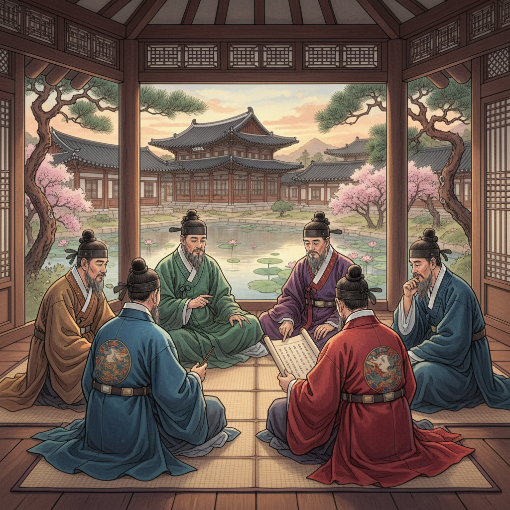 An elegant illustration of ancient scholars or wise elders discussing ethical principles, with traditional Korean architectural elements in the background. The atmosphere is calm and respectful, emphasizing deep thought and wisdom. Style: illustration. No text.