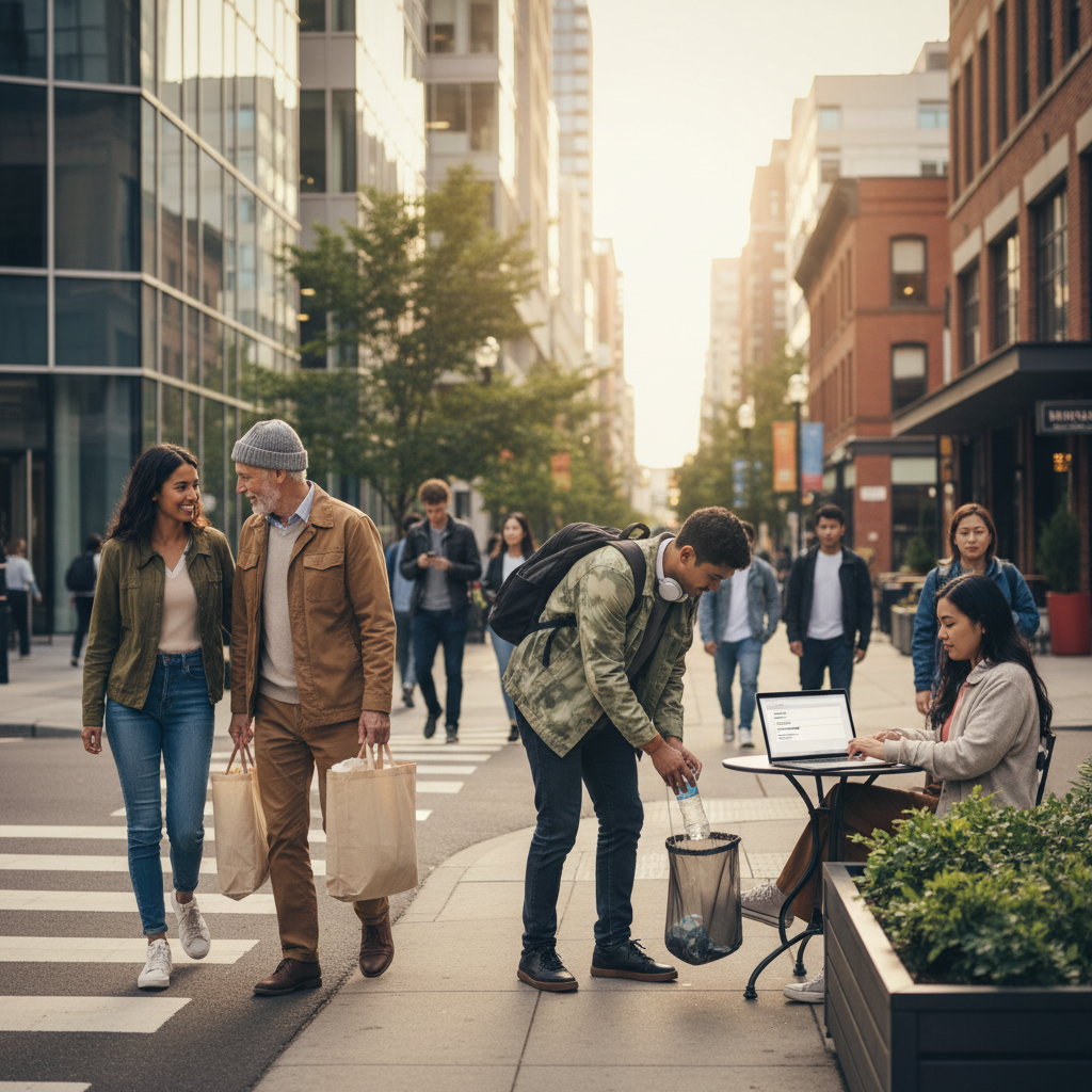 A modern, diverse group of people subtly engaging in acts of kindness in an urban setting. One person helps an elderly person with groceries, another picks up litter, and someone else donates anonymously online, all with a calm and unassuming demeanor. Style: lifestyle photography. No text.