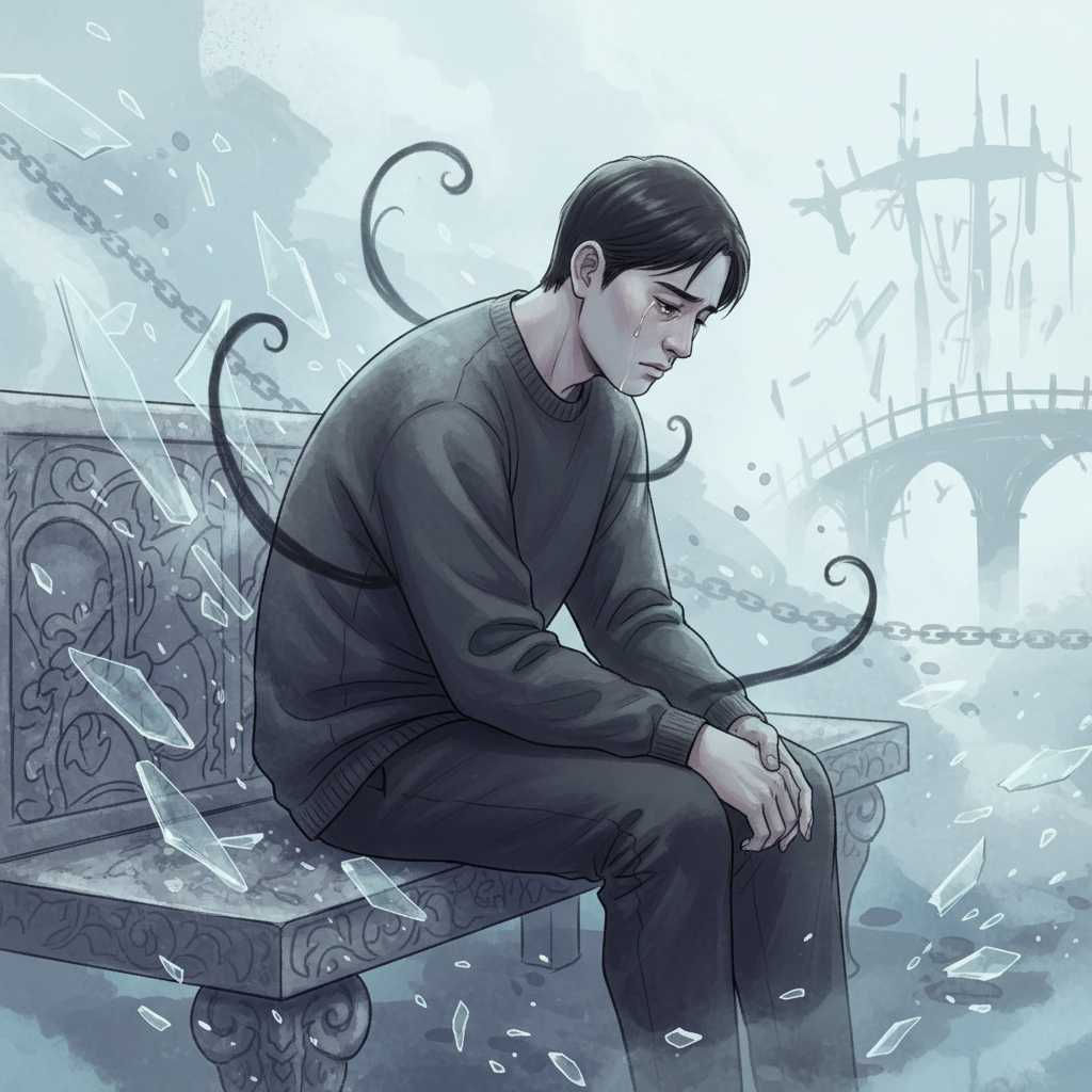A Korean person sitting alone, looking sad and contemplative, with a subtle sense of betrayal in the atmosphere. The background is a soft, blurred scene of broken trust. The overall mood is reflective and a bit melancholic. Illustration style. No text.