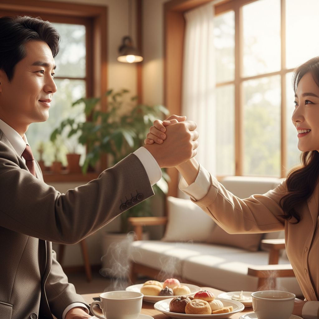 Two Korean people shaking hands firmly, symbolizing trust and mutual respect. Their faces express sincerity and gratitude. The background is warm and inviting, representing a strong, lasting relationship. Lifestyle photography style. No text.