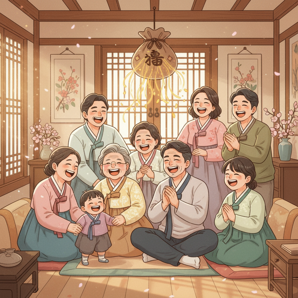 A warm and joyful illustration of a multi-generational Korean family laughing together, symbolizing gratitude, strong family bonds, and enduring trust. The scene is bright and full of positive energy. Illustration style. No text.