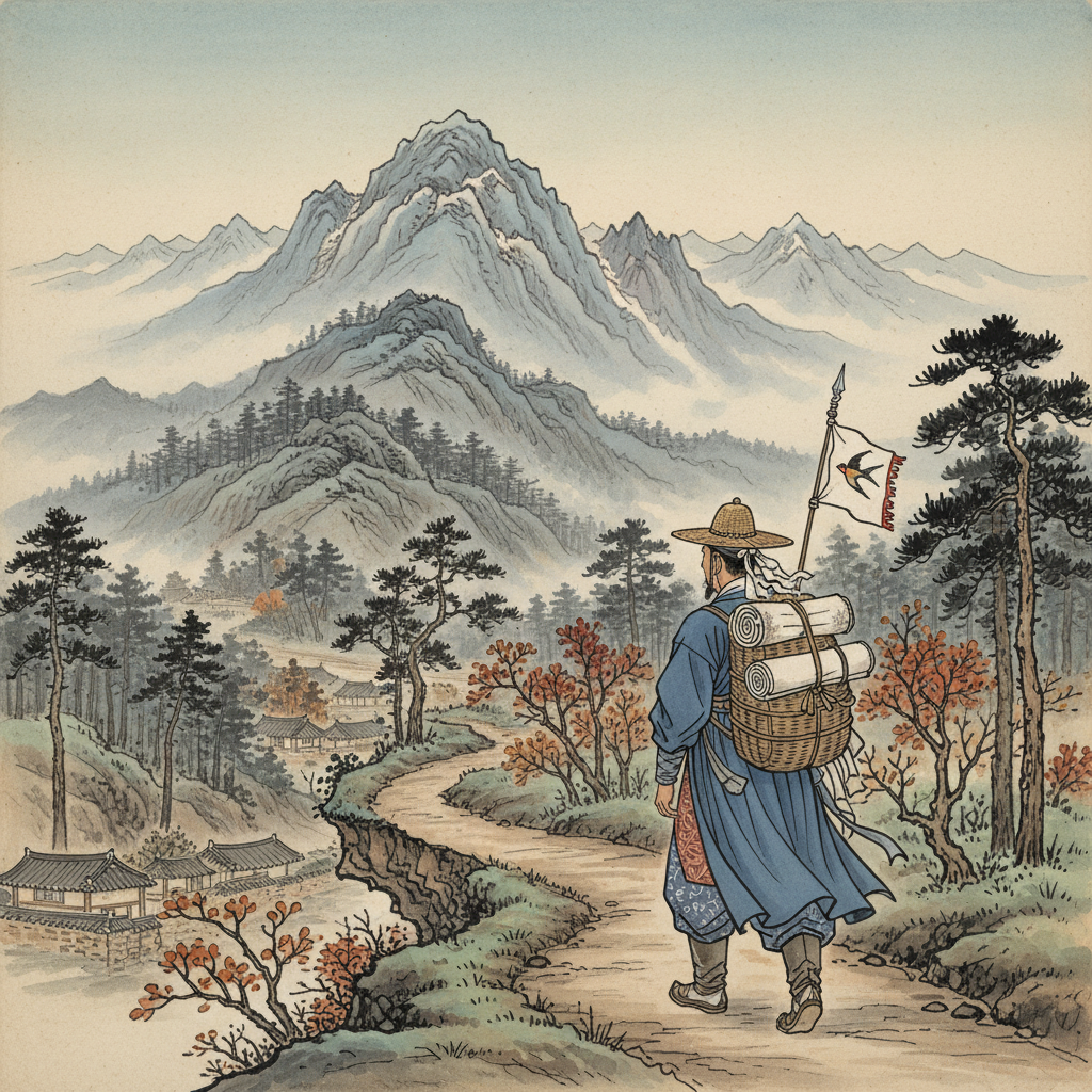 An illustration of an ancient Korean messenger traveling a long distance from Hamheung, showing historical clothing, distant mountains, and a traditional atmosphere. No text.