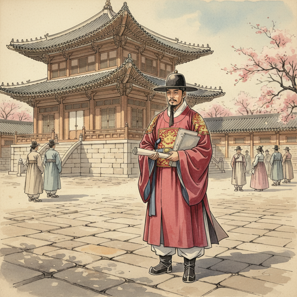 A detailed historical illustration of a Joseon-era envoy holding documents in a palace courtyard, traditional Hanbok attire, natural lighting. No text.