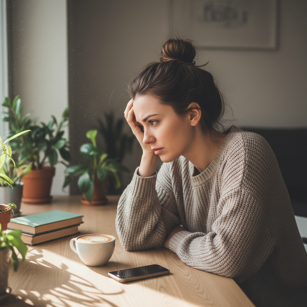 A lifestyle photo of a person waiting for a call at a desk, smartphone beside coffee cup, feeling frustrated yet patient. Natural indoor lighting. No text.