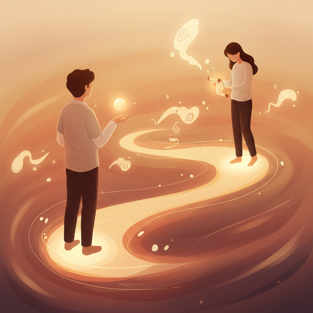 An emotional illustration of two people standing apart, one waiting, symbolizing communication and patience, warm lighting tone. No text.