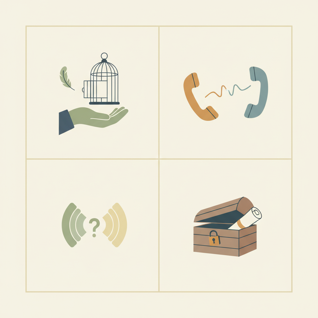 Clean infographic showing four Korean idioms related to no response or missing communication, simple layout, muted colors. No text.