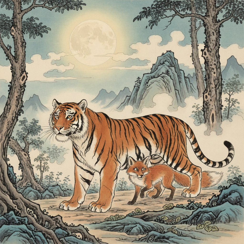 Illustration of a tiger walking proudly under a full moon while a frightened fox hides behind it, symbolizing borrowed authority, historical Asian art style, no text.