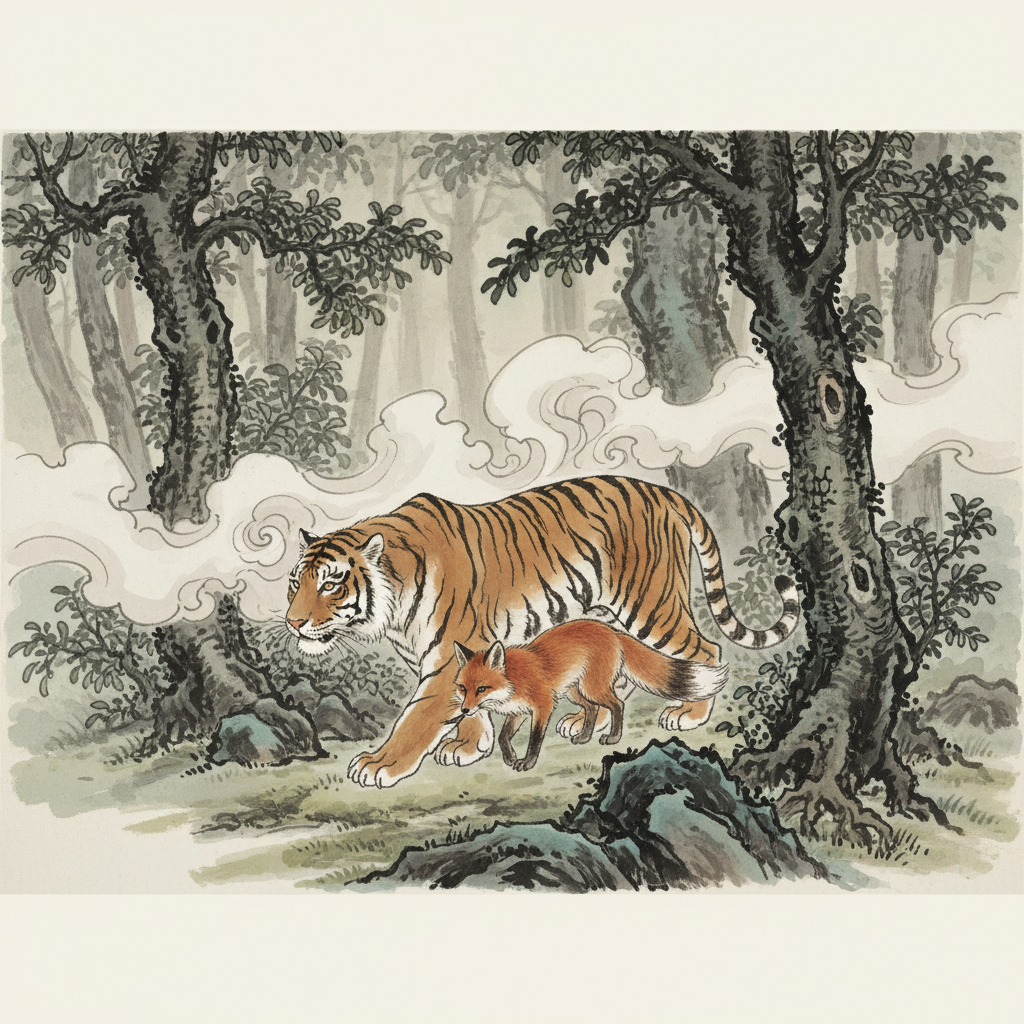 A fox walking behind a tiger in a misty forest, giving the impression that the tiger is protecting it; traditional East Asian style illustration, no text.