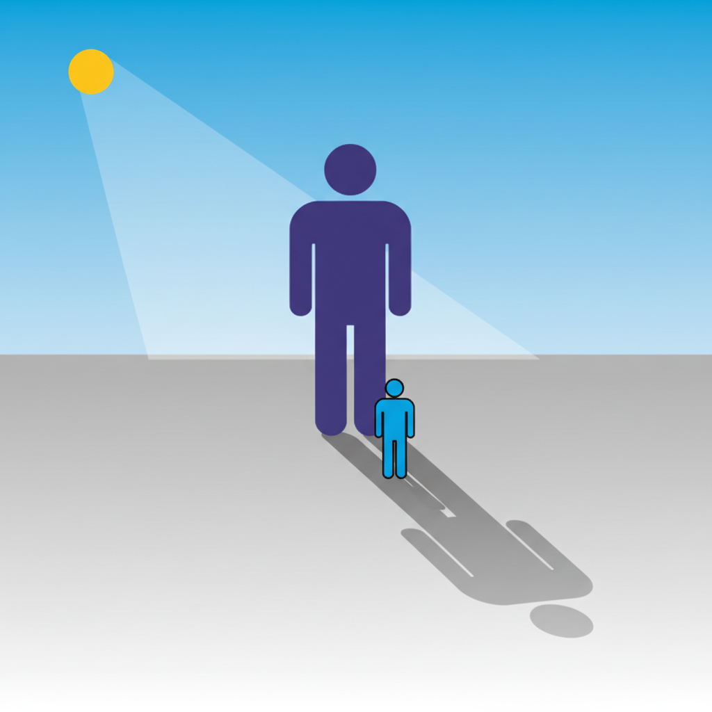 Infographic style image showing a small person standing in another’s large shadow, symbolizing borrowed power, clean vector, no text.