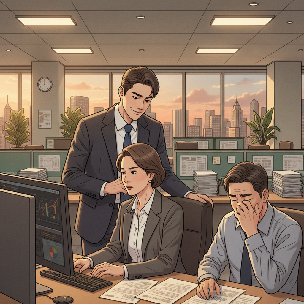 A Korean office scene showing two employees, one standing confidently behind a senior manager to gain advantage, realistic illustration, warm lighting, no text.