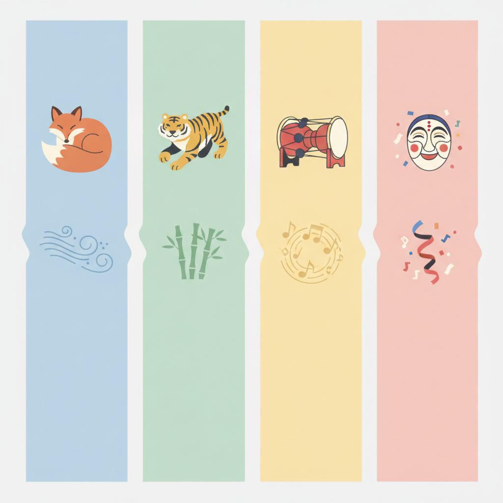 Clean infographic comparing four Korean idioms with illustrated icons of fox, tiger, drum, and mask, pastel tones, no text.
