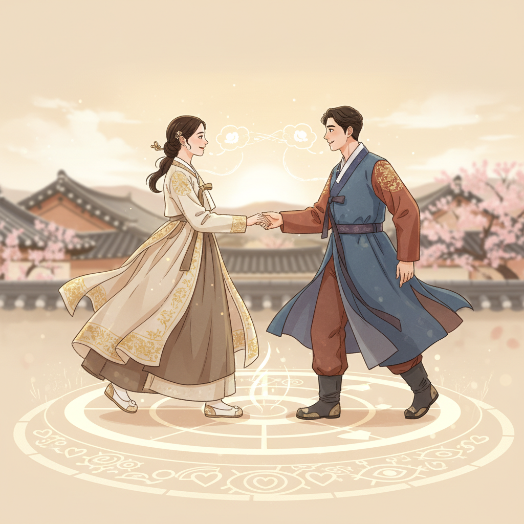 illustration of two Korean people exchanging positions, symbolizing empathy and perspective taking, warm tone, soft lighting, no text