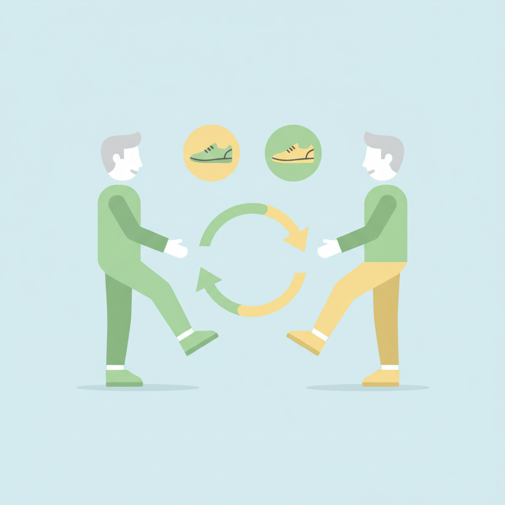 clean infographic showing two people exchanging shoes to represent perspective taking, modern flat design, no text
