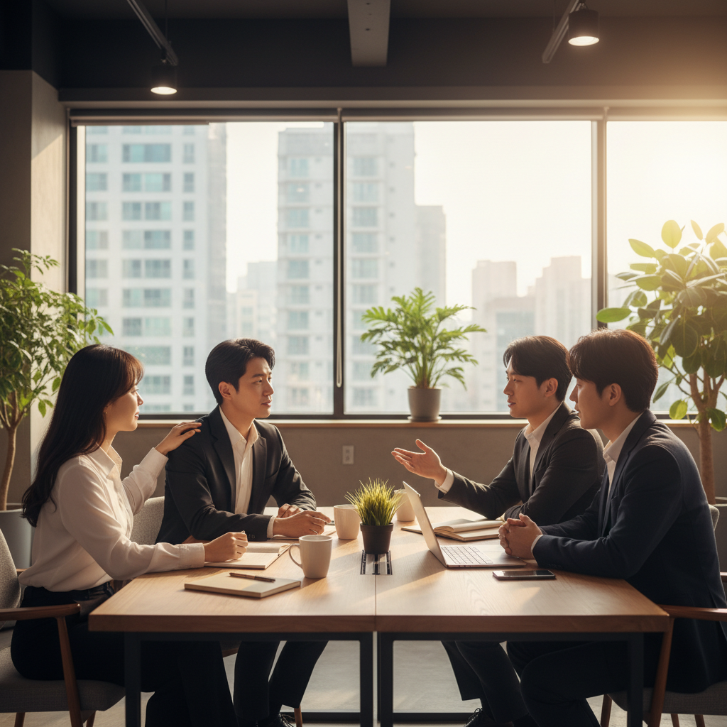 office scene with korean coworkers discussing calmly, showing empathy and teamwork, realistic lighting, no text