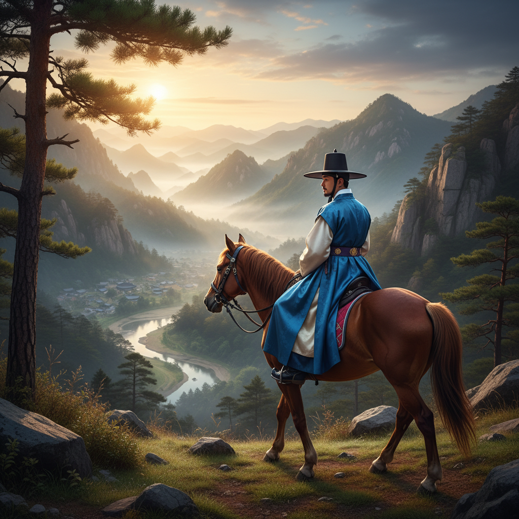 A Korean man riding a horse through mountains, glancing sideways at the scenery, traditional hanbok, early morning light, calm atmosphere, detailed landscape, no text.