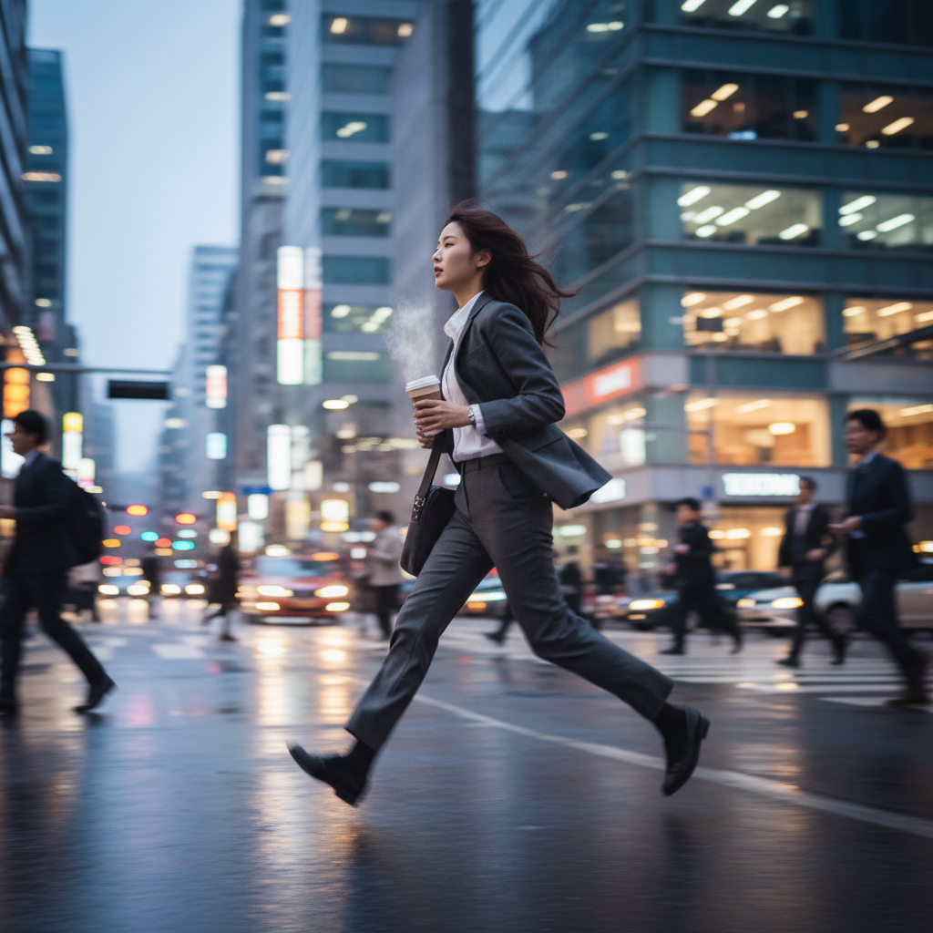 Korean office worker rushing through a busy city street, blurred background, evening light, represents fast-paced life, lifestyle photography, no text.