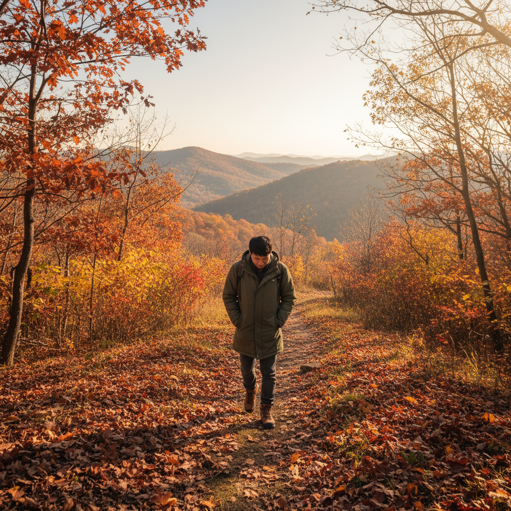 Korean person walking slowly through a hillside path, autumn leaves, warm afternoon light, peaceful mood, no text.