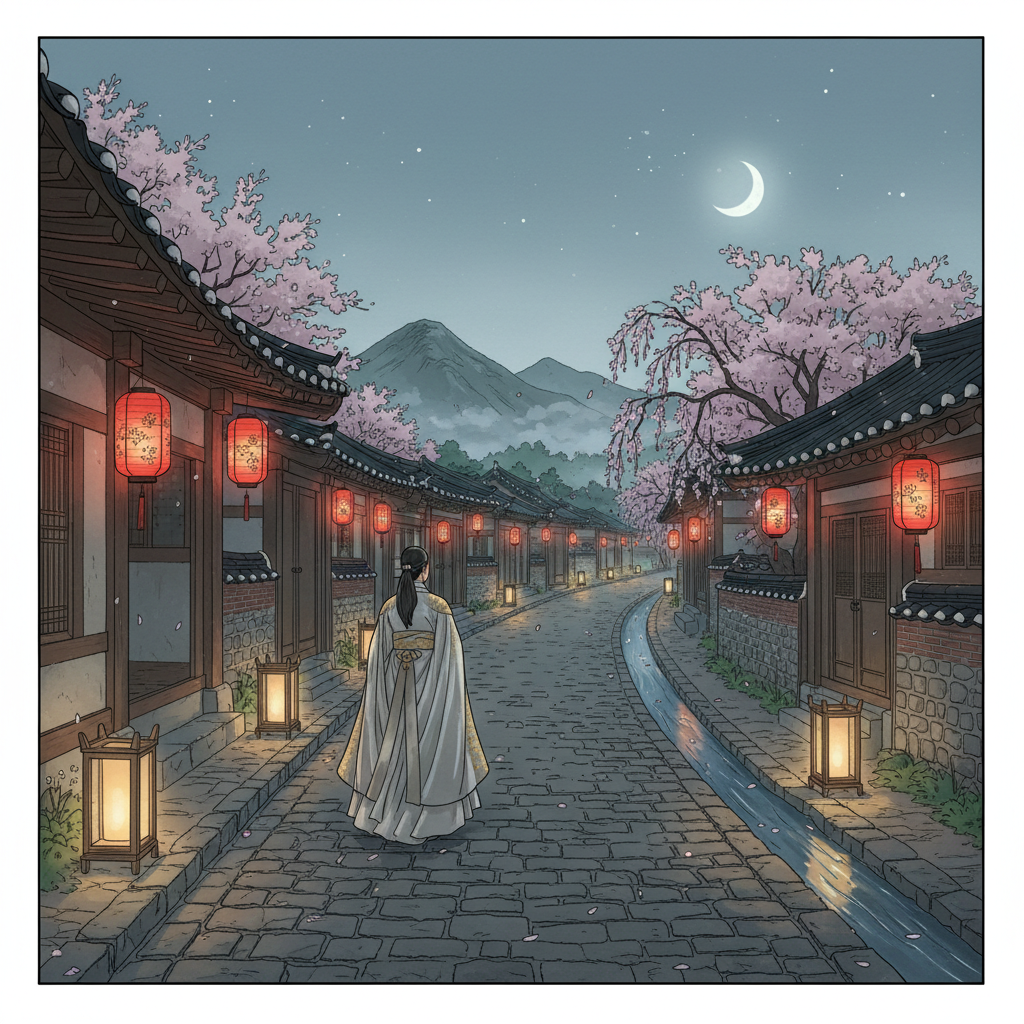 An illustration of a person in fine silk clothing walking alone through a quiet ancient Asian street at night, under soft lantern light, traditional Korean scenery, no text.