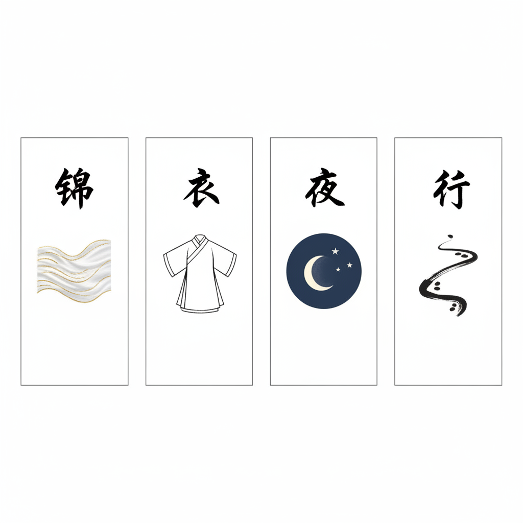 Clean infographic showing the four Chinese characters for 금의야행 with their symbolic meanings, elegant minimalist style, no text.