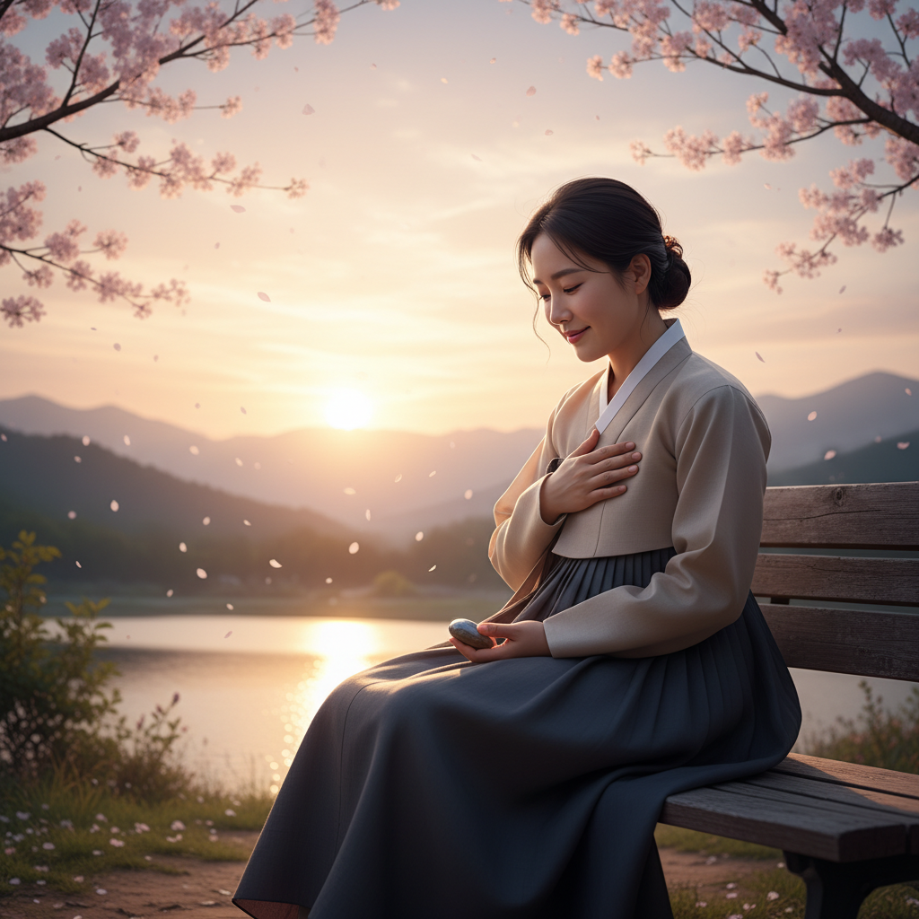 A thoughtful Korean person at sunset reflecting on achievements, symbolic of humility and inner satisfaction, soft light photography, no text.